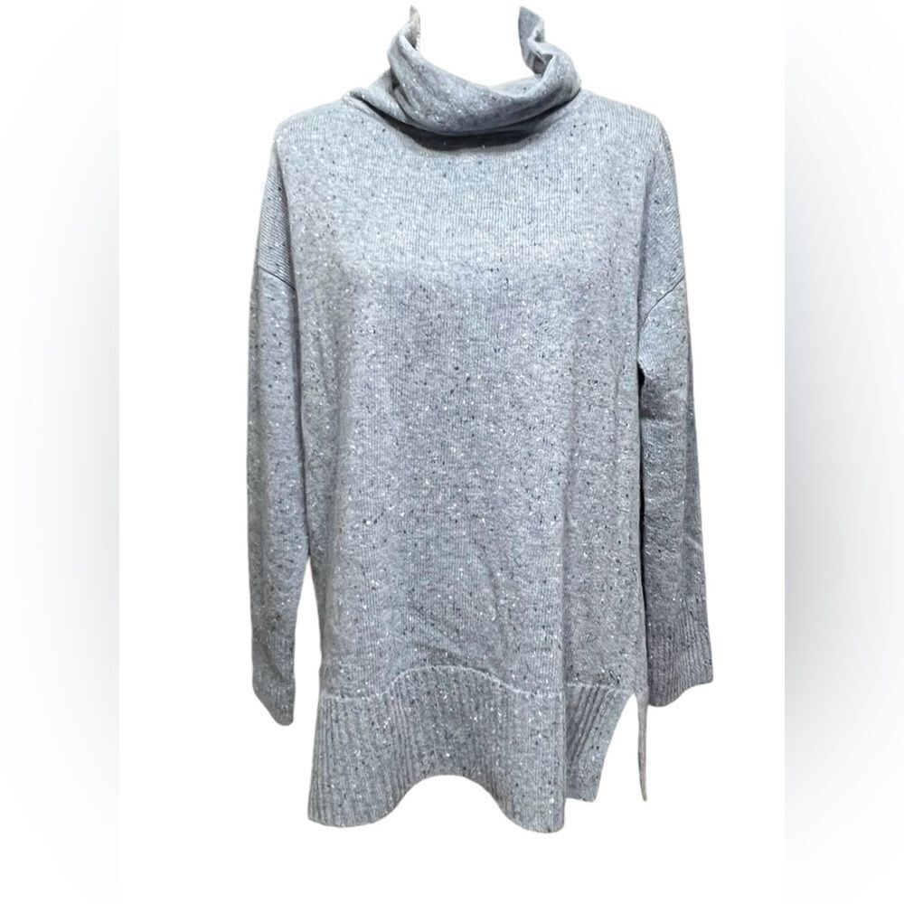 Lafayette 148  Speckled‎ Wool funnel neck Sweater In Blue Dusk/ Nickel M